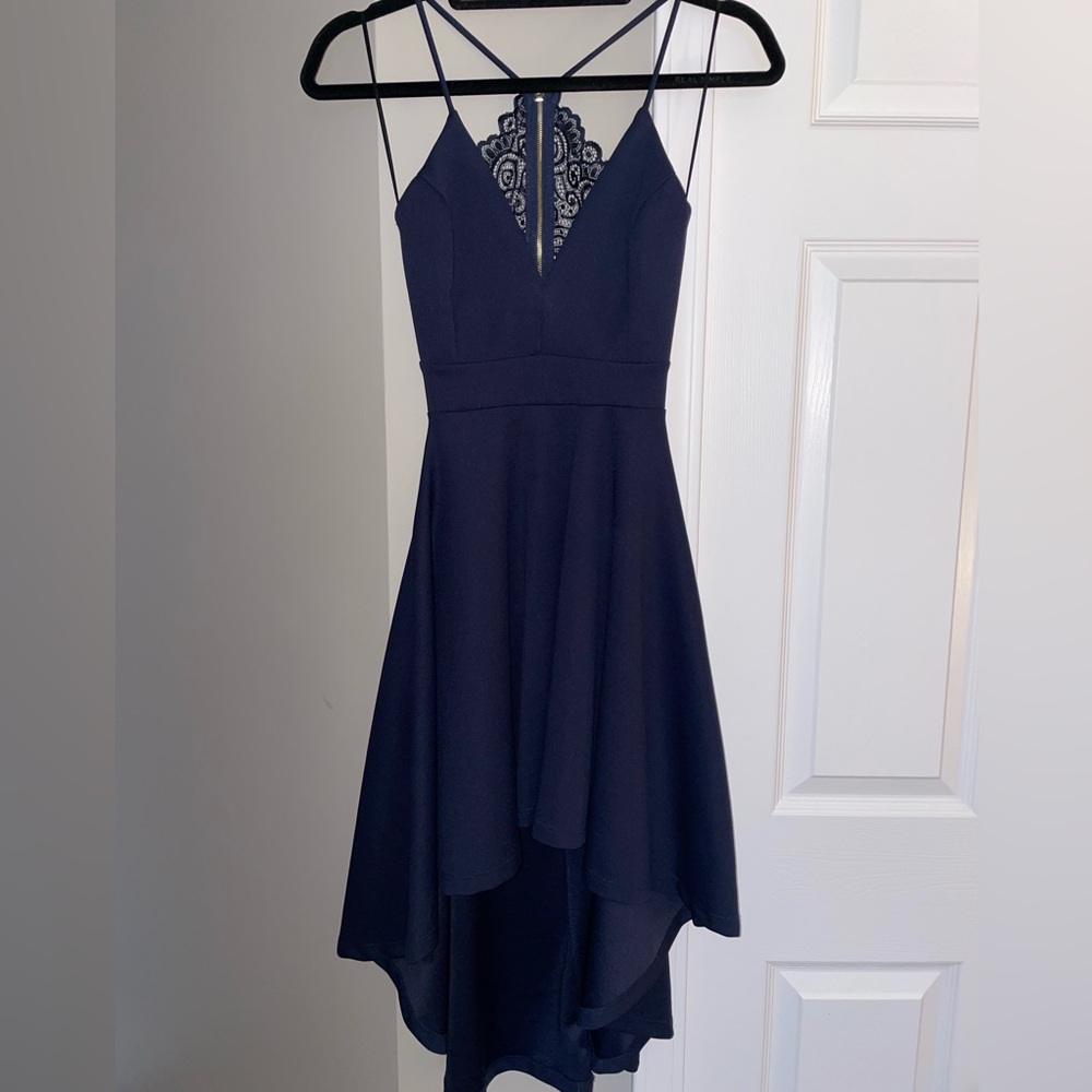 Navy Lace Back XS High Los Formal Dress